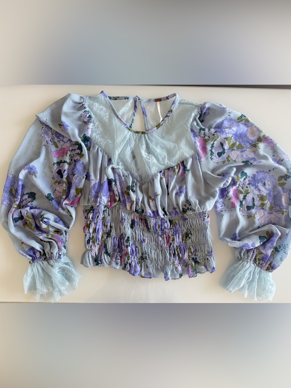Free people Floral Lace-Trim Cropped Blouse - Light Blue & Purple